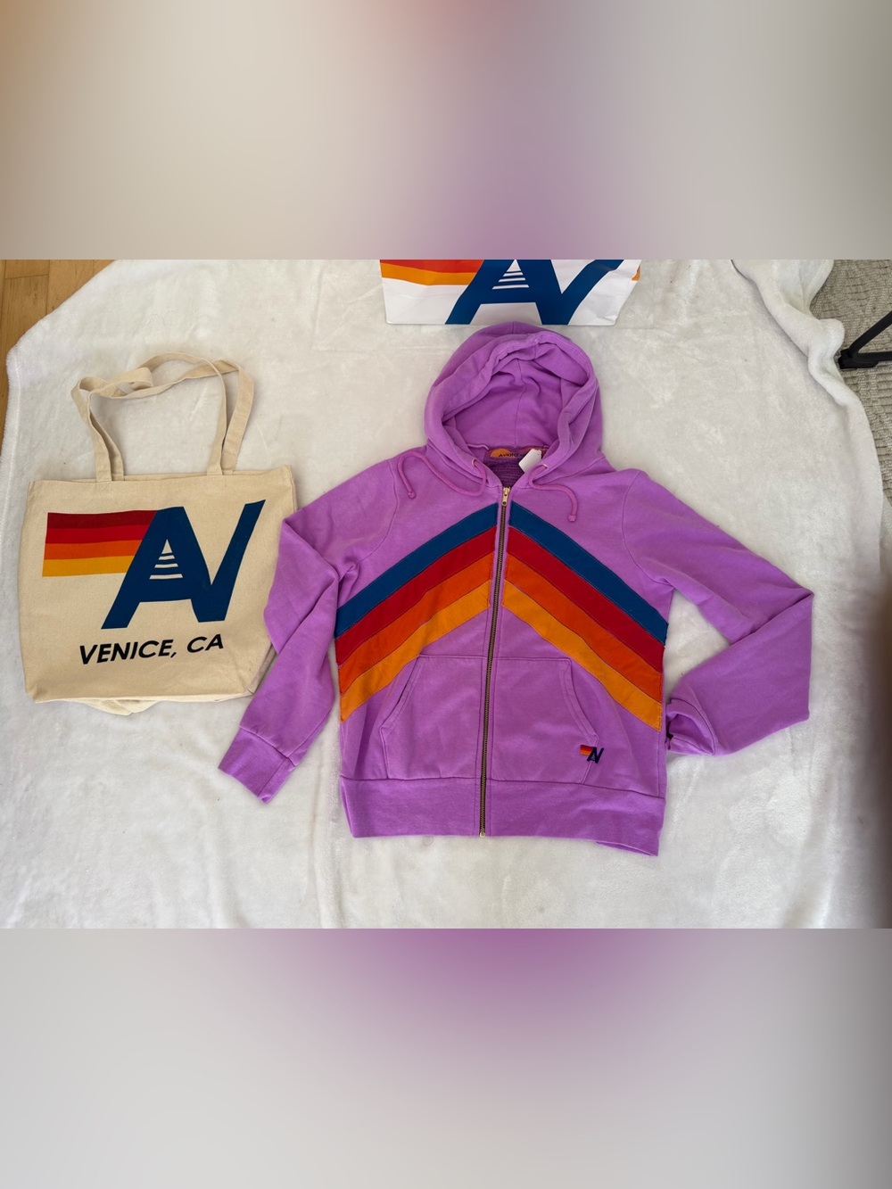 - NWT Aviator Nation Chevron Zip  Hoodie Neon Purple  Medium + Tote bag